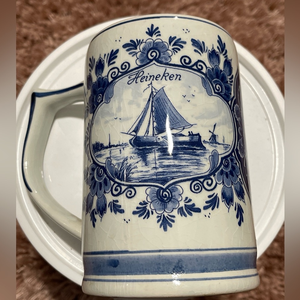 * Vintage 1979 HEINEKEN BEER STEIN Tankard Holland Delft Hand Painted Sailboat